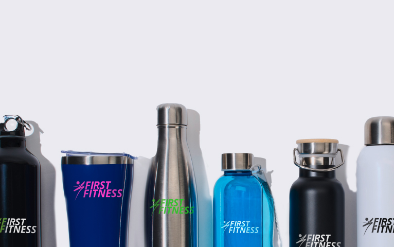 Seven products of promotional drinkware in a lineup - stainless steel water bottles, tumblers and more.